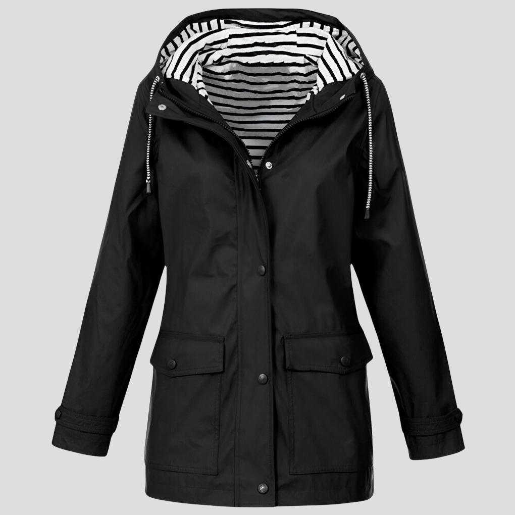 Hooded women's waterproof rain jacket, lightweight & wind-resistant, perfect for spring, fall, and outdoor adventures.