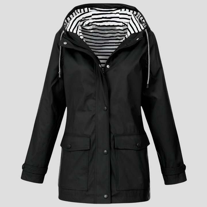 Hooded women's waterproof rain jacket, lightweight & wind-resistant, perfect for spring, fall, and outdoor adventures.