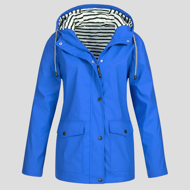 Versatile women's waterproof windbreaker jacket with hood, suitable for all-weather outdoor wear & everyday commuting.