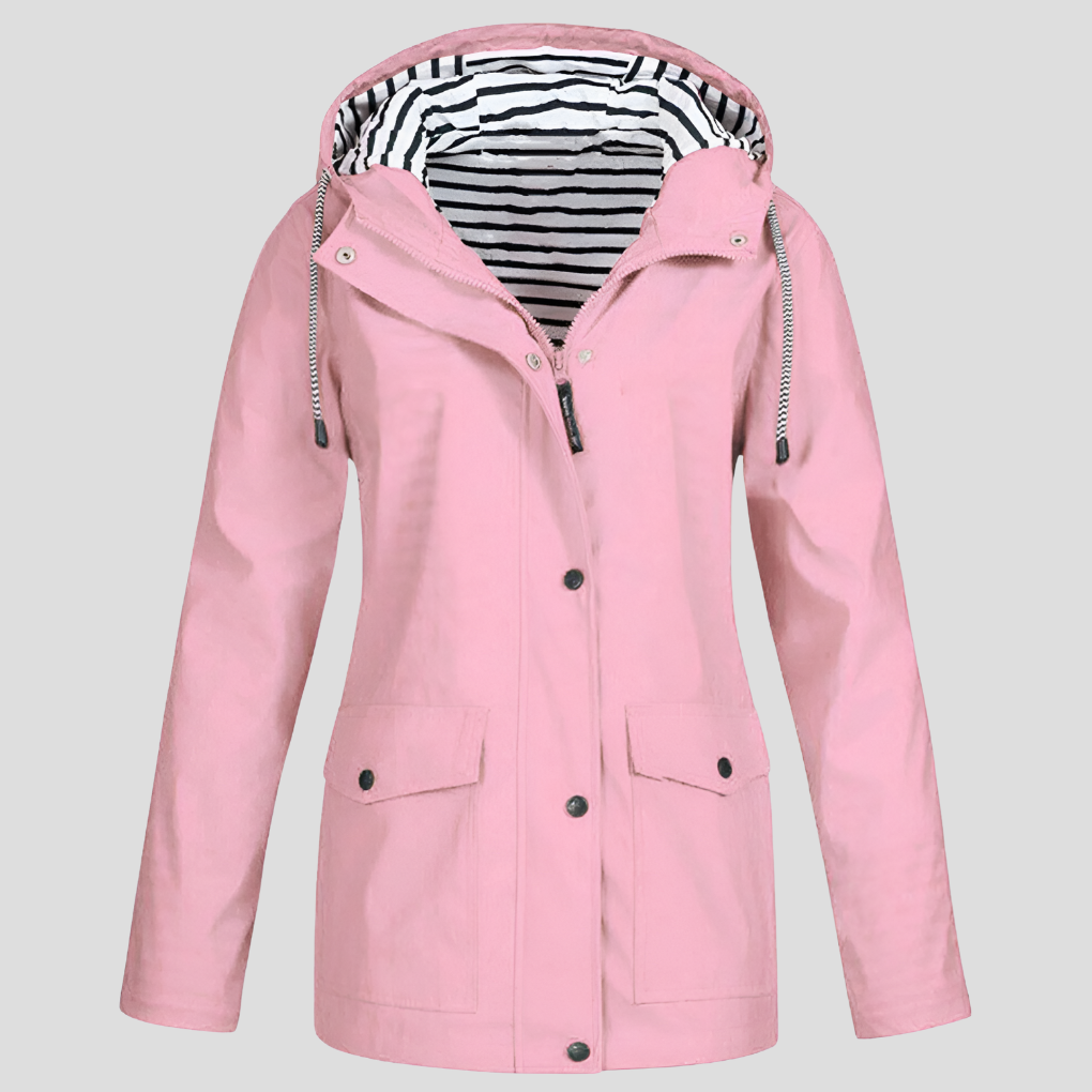 Durable women's hooded windbreaker, waterproof & lightweight, offering wind resistance for hiking & daily outdoor wear.