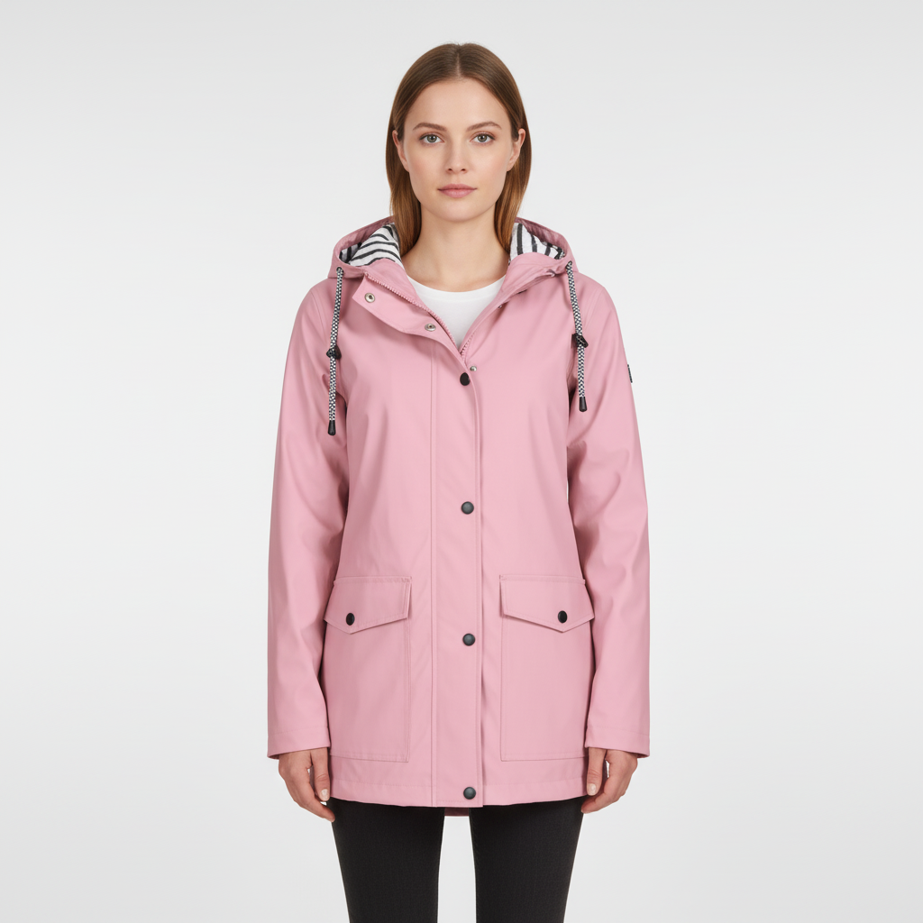 Stylish women's rain jacket in neutral color, perfect for an active lifestyle.