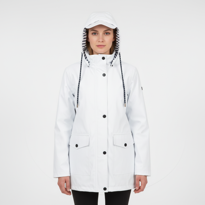Versatile women's waterproof rain jacket, ideal for outdoor activities and everyday use.