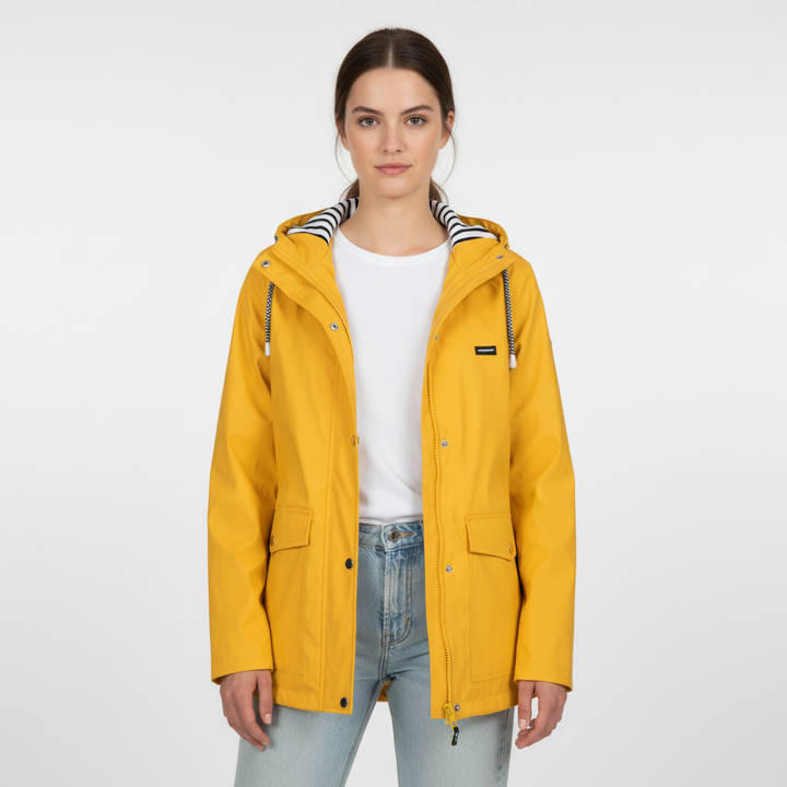 Model wearing a women's casual rain jacket, demonstrating its fit and style.