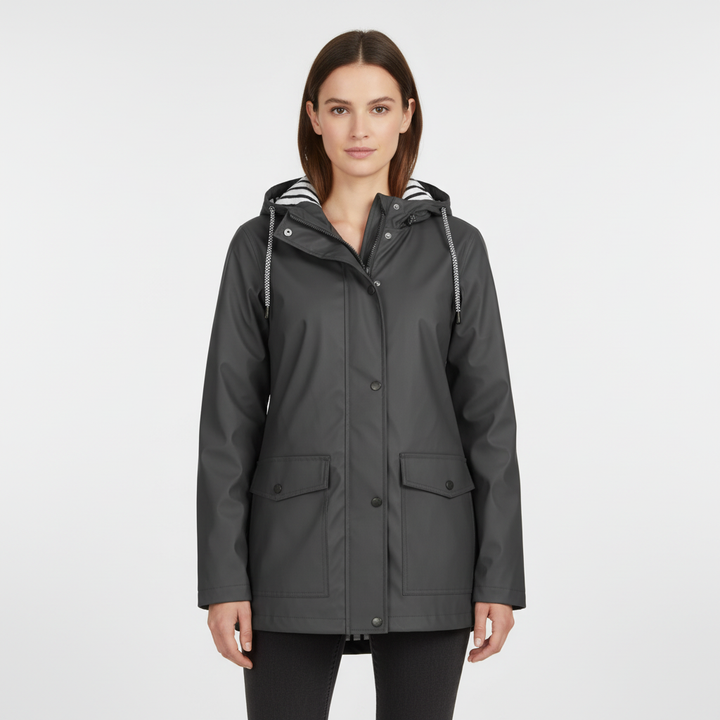 Full-length view of the women's waterproof windbreaker, showcasing its silhouette.