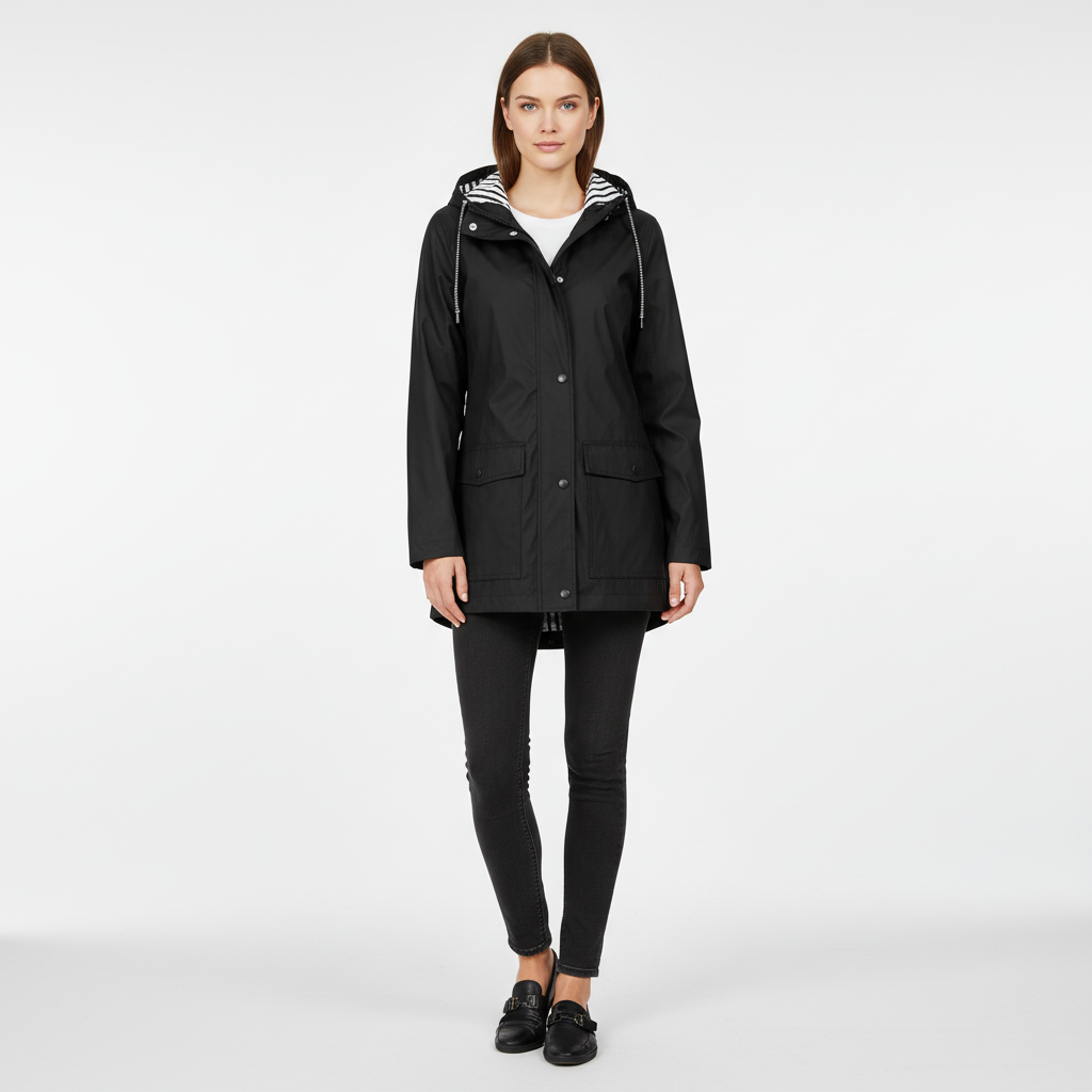 Detail of the hood on a women's versatile rain jacket, designed for optimal coverage.