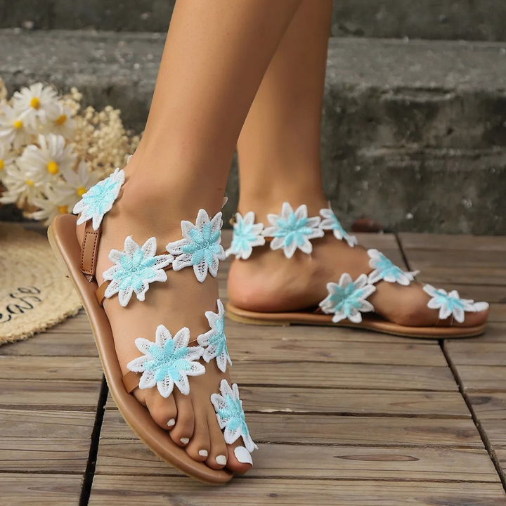 Women's Lina floral comfort sandals, perfect for summer casual wear & garden parties. Elegant flat open-toe design.