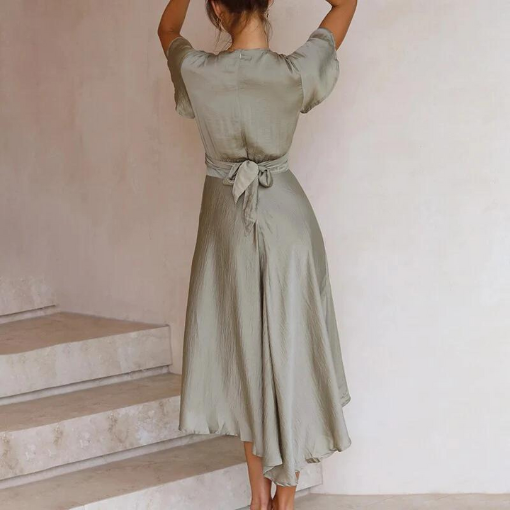 Breathable women's summer midi dress, Lina collection, featuring a stylish V-neck and flowy design.