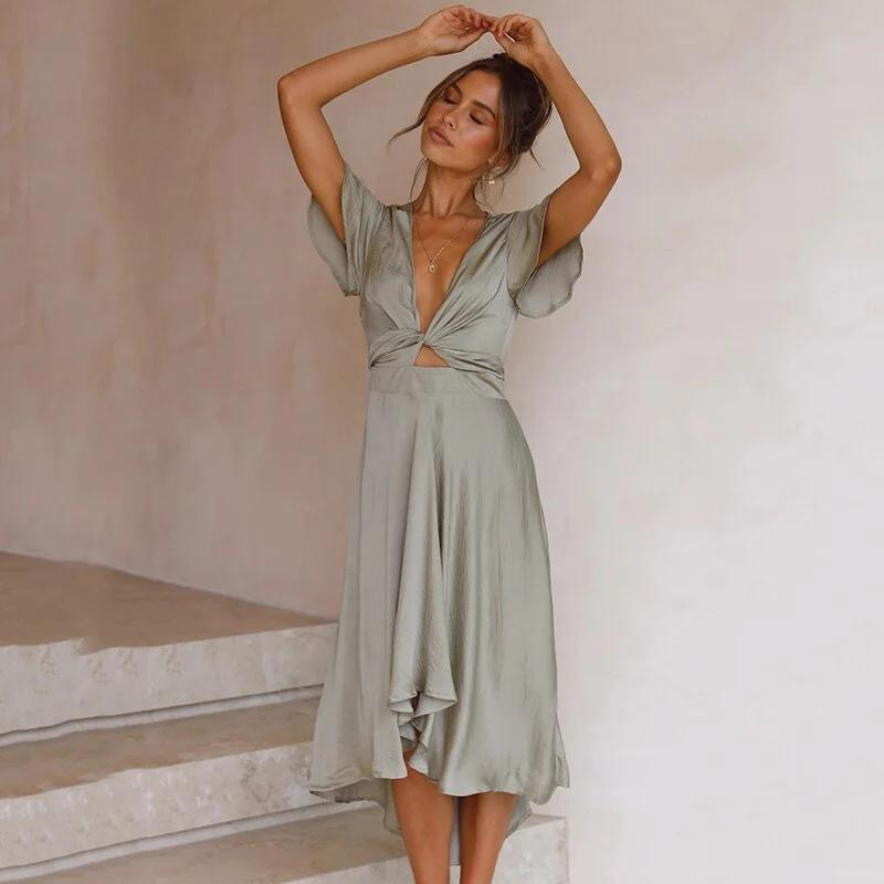 Elegant Lina V-neck midi dress for women, a comfortable and fashionable summer garment.