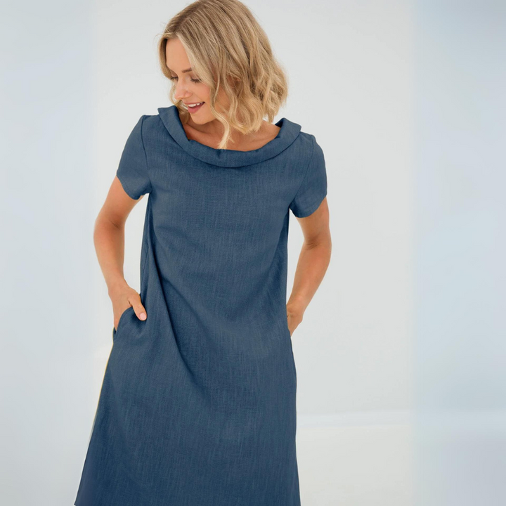 Close-up of the neckline and short sleeves of the LinaLuft women's linen blend summer dress