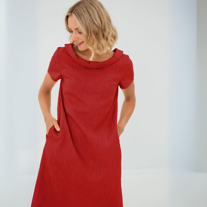 Full shot of the LinaLuft women's linen blend summer dress, short sleeves, ideal for casual outings
