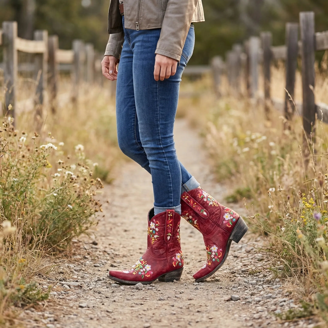 Women's Lisa floral embroidered western ankle boots, perfect for fall fashion & boho chic style.