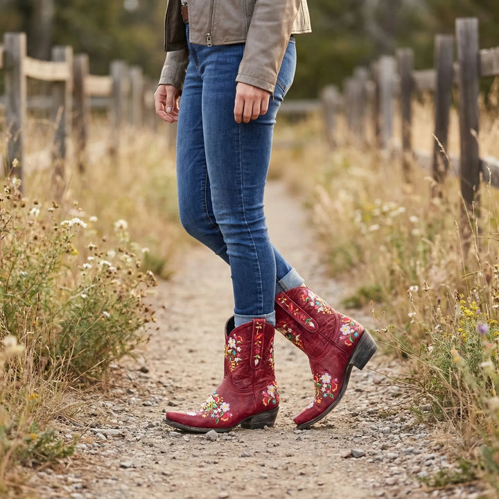 Women's Lisa floral embroidered western ankle boots, perfect for fall fashion & boho chic style.