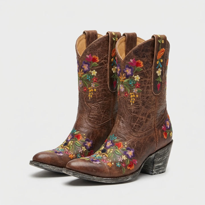 Lisa women's floral embroidered western ankle boots, a unique design for fall fashion and versatile styling.
