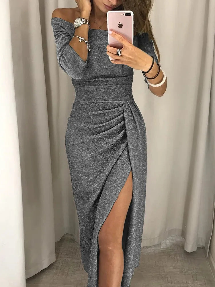 Flattering off-the-shoulder cocktail dress for women. Perfect chic party or evening wear.