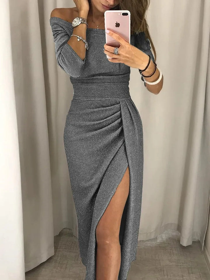 Flattering off-the-shoulder cocktail dress for women. Perfect chic party or evening wear.