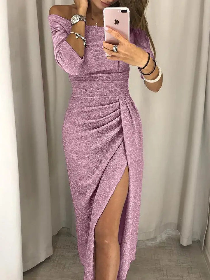 Trendy women's off-shoulder mini dress. Elegant and chic summer fashion, ideal for parties.