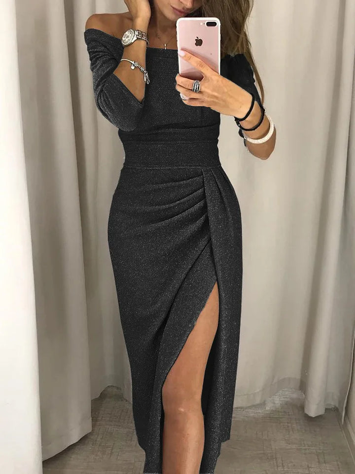 Trendy Livia off-shoulder dress for women. Chic mini style, perfect elegant party or evening wear.