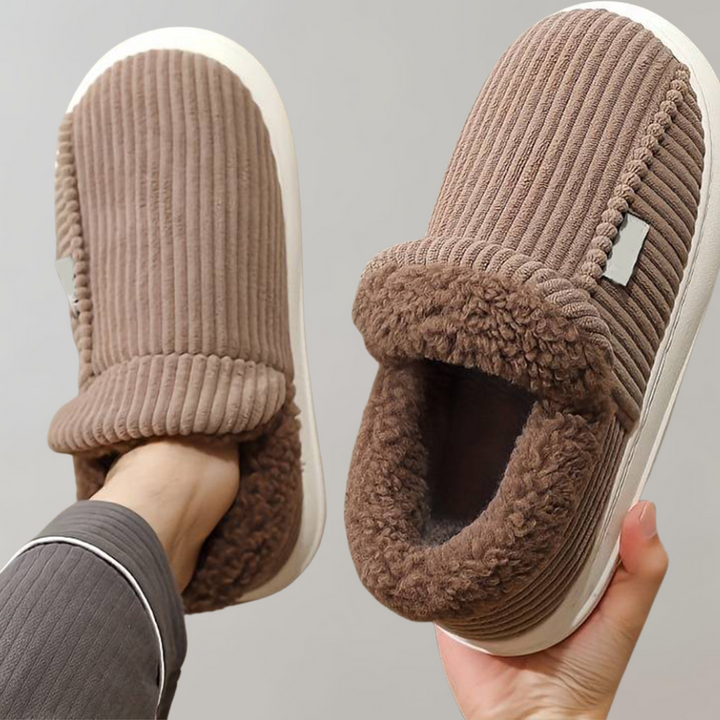 Red Livia women's warm slippers, plush comfortable house shoes for cozy home wear.