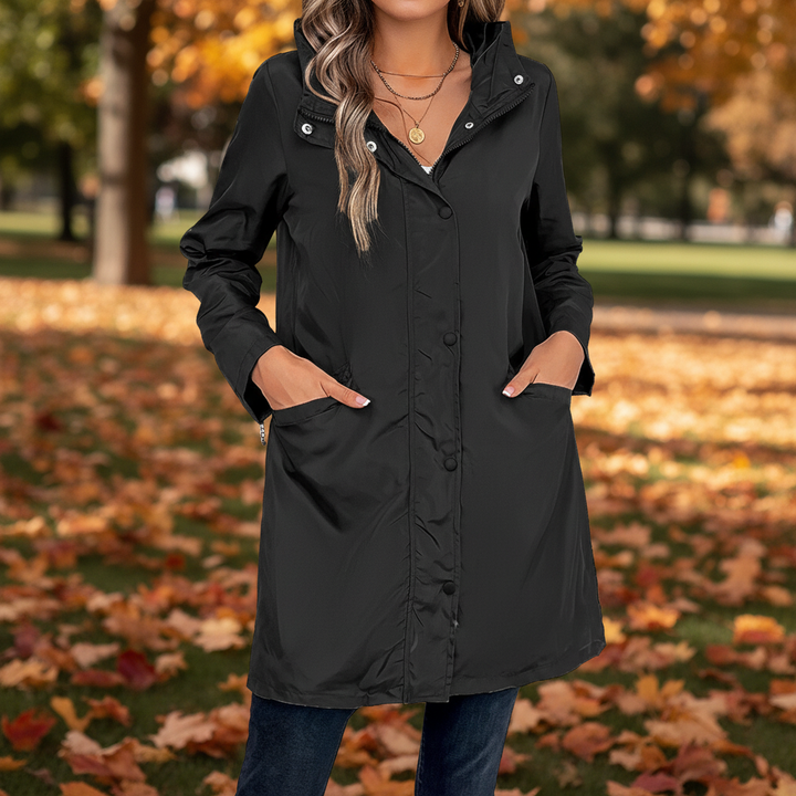 Women's long autumn jacket, windproof with button closure, elegant fall outerwear