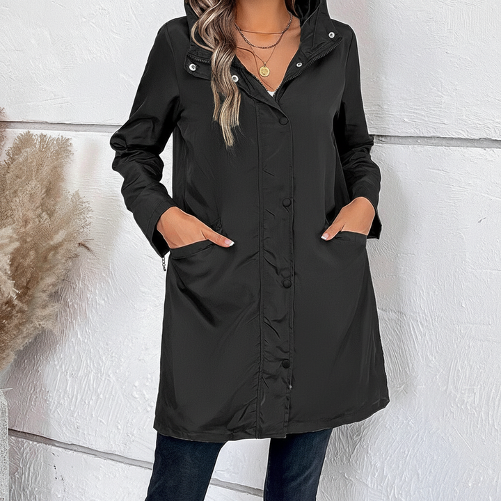 Casual women's long coat for autumn, brown with high collar and practical buttons