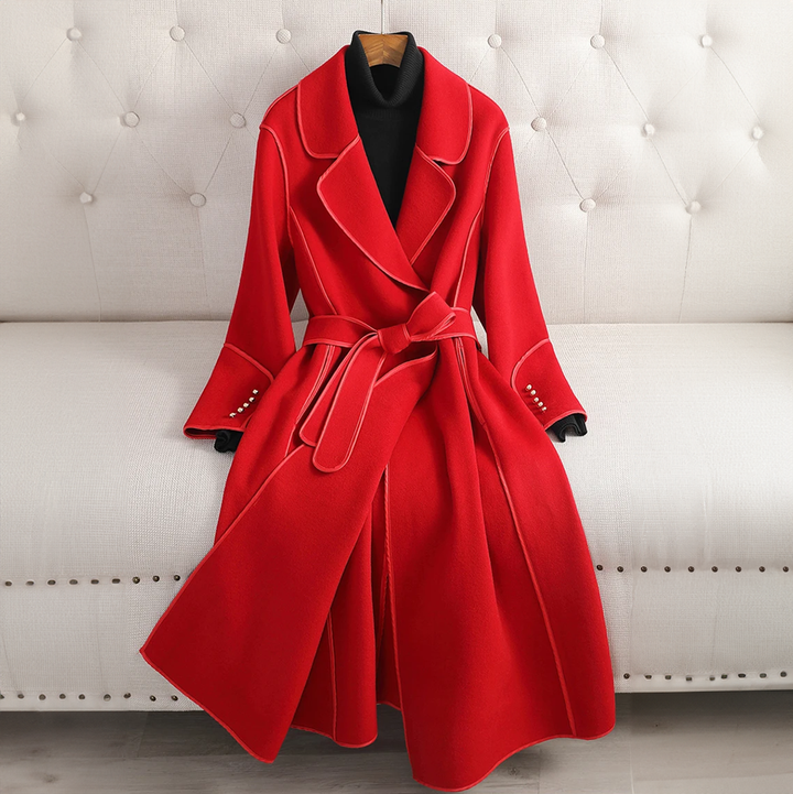 Women's elegant long trench coat, belted & tailored. Classic outerwear, perfect for fall, winter, formal & casual wear.