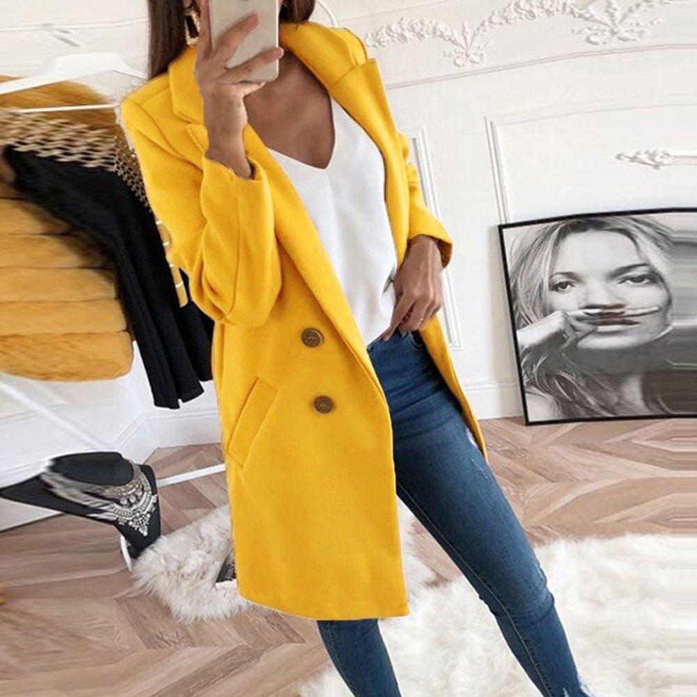 Stylish women's long blazer coat, ideal for winter layering outerwear.