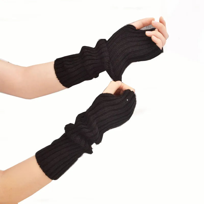 Stylish women's long knitted fingerless gloves, a perfect winter accessory for fashion, warmth, and flexibility.