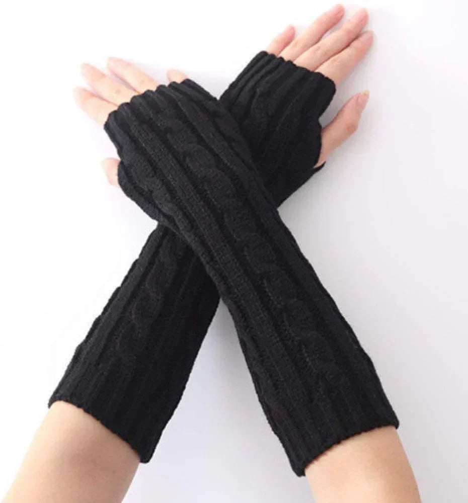 Women's long fingerless knitted gloves. Warm, cozy, and flexible for all your winter activities and style.
