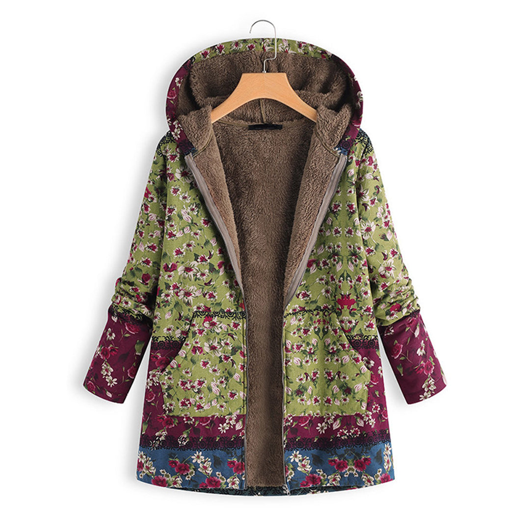 Cozy women's long hooded teddy coat with floral print, ideal for chilly winter days.