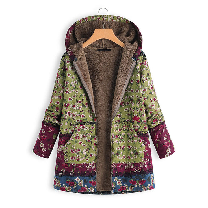 Cozy women's long hooded teddy coat with floral print, ideal for chilly winter days.