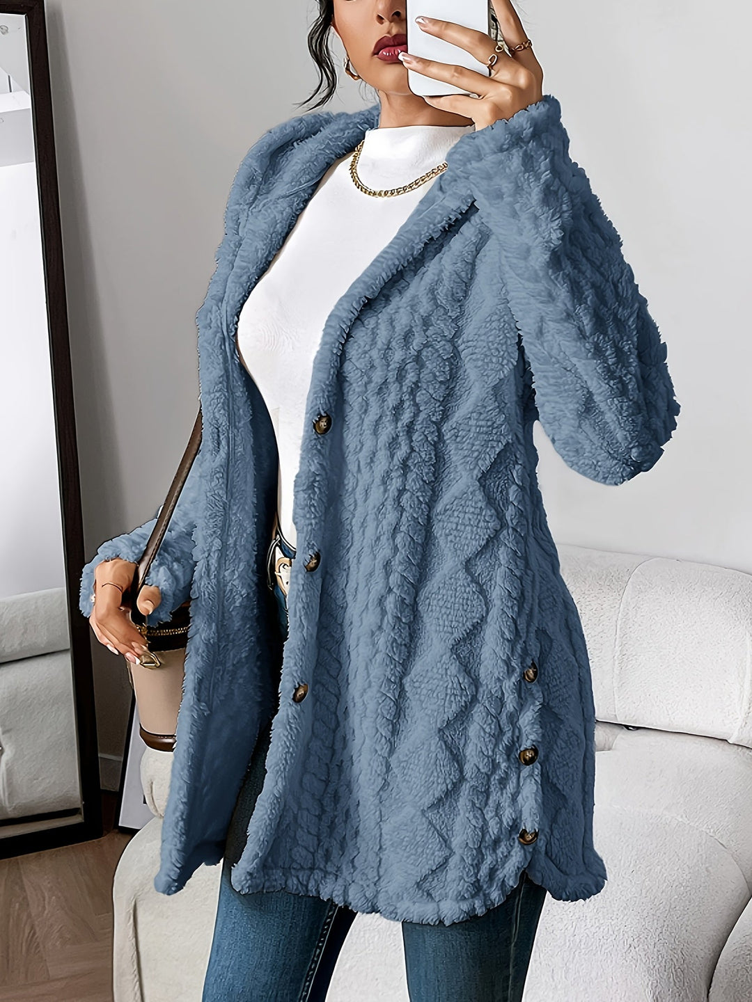 Stylish women's textured long hooded coat, button front, great for fall & winter fashion.