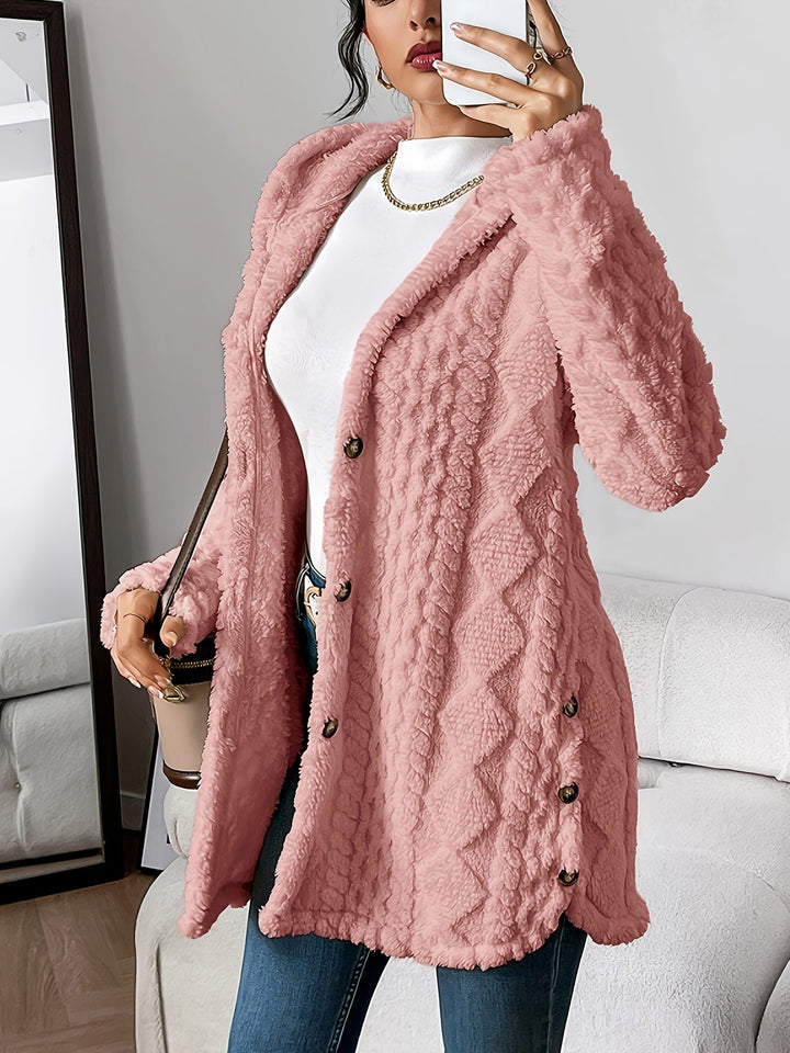 Women's hooded textured long coat, button front closure, stylish and warm for cold weather outfits.