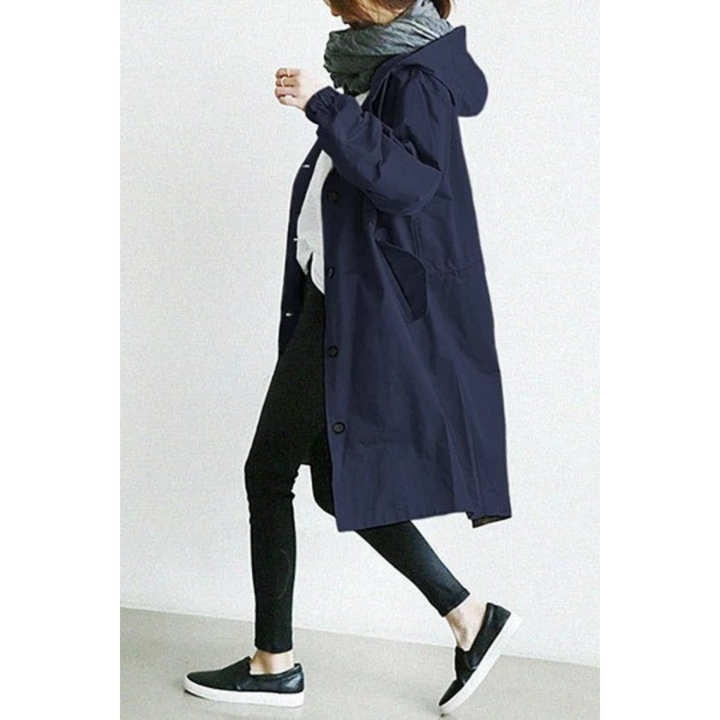 Weatherproof women's long hooded trench coat. Ideal rain jacket & windbreaker for spring/fall.