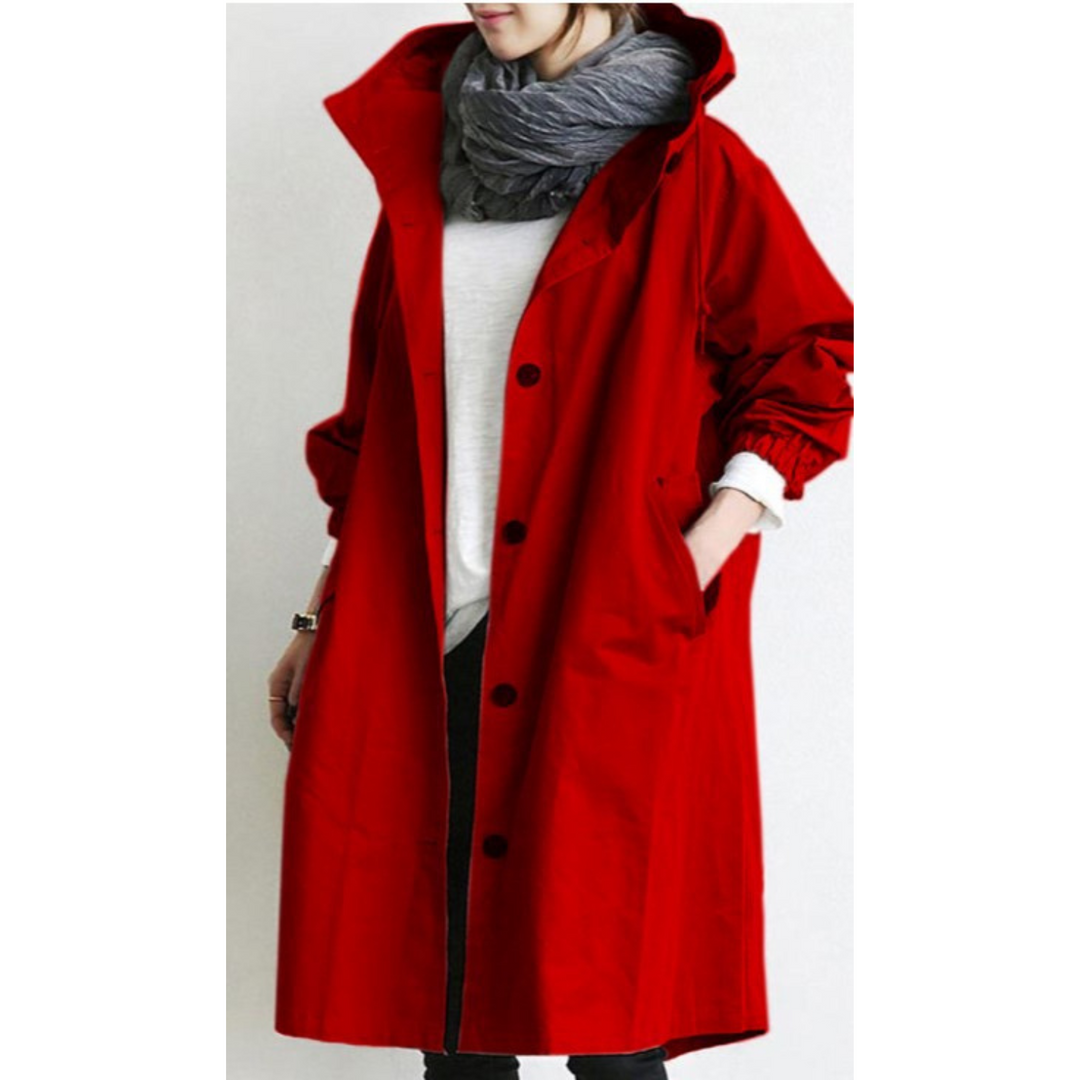 Women's long hooded rain jacket. This stylish and weatherproof trench coat is perfect for windy days.