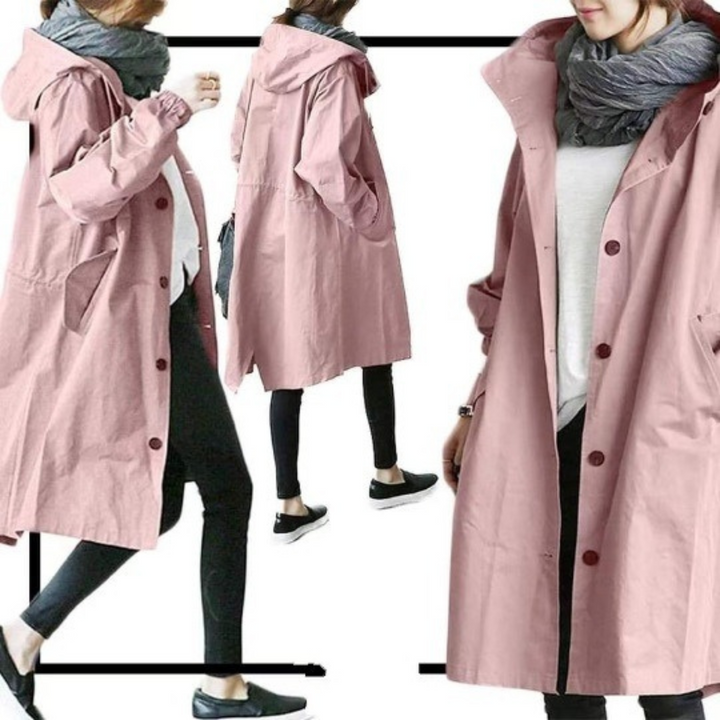 Elegant women's long hooded trench coat. Offers outdoor style and protection as a fashionable rain jacket.