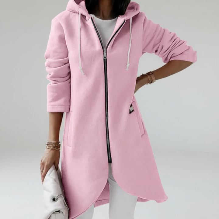 Emma long hooded vest for women, a stylish and comfortable transitional outerwear piece
