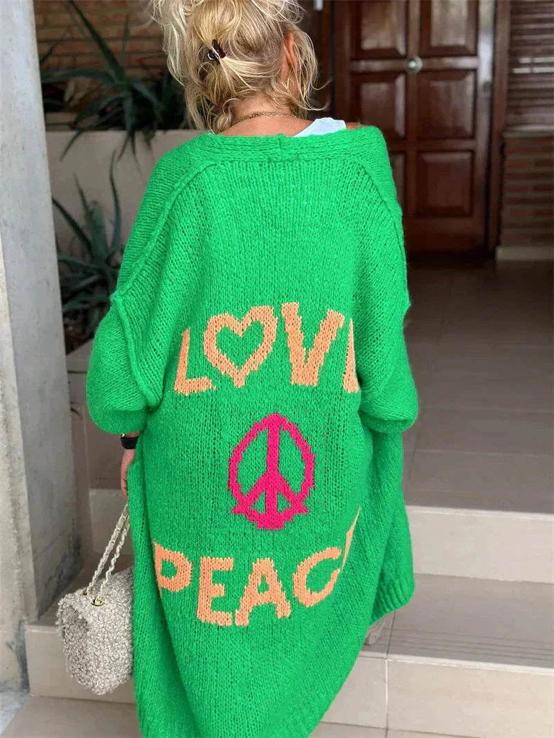 Casual women's long oversized bohemian knit cardigan, perfect for comfortable layering and unique fashion.
