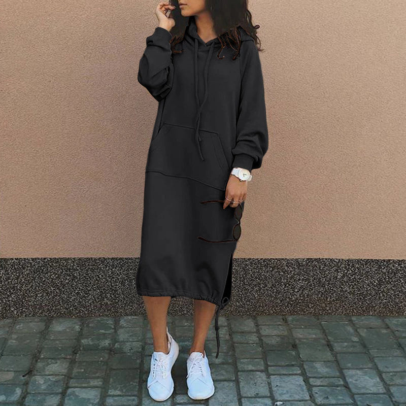 Women's long oversized hoodie, combining European chic with American comfort, perfect for casual street style.