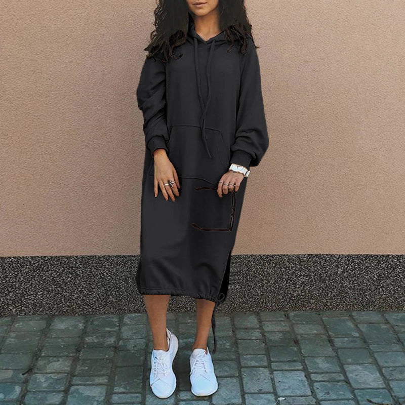 Relaxed fit women's long hoodie, comfortable and versatile casual wear, ideal for everyday chic fashion.