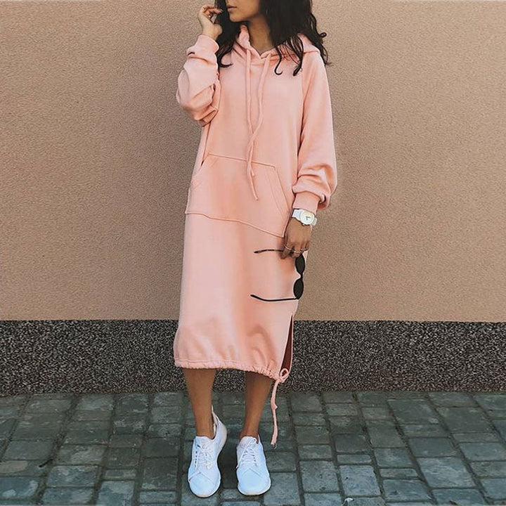 Comfortable women's long hoodie with a relaxed fit, European chic meets American comfort for versatile wear.