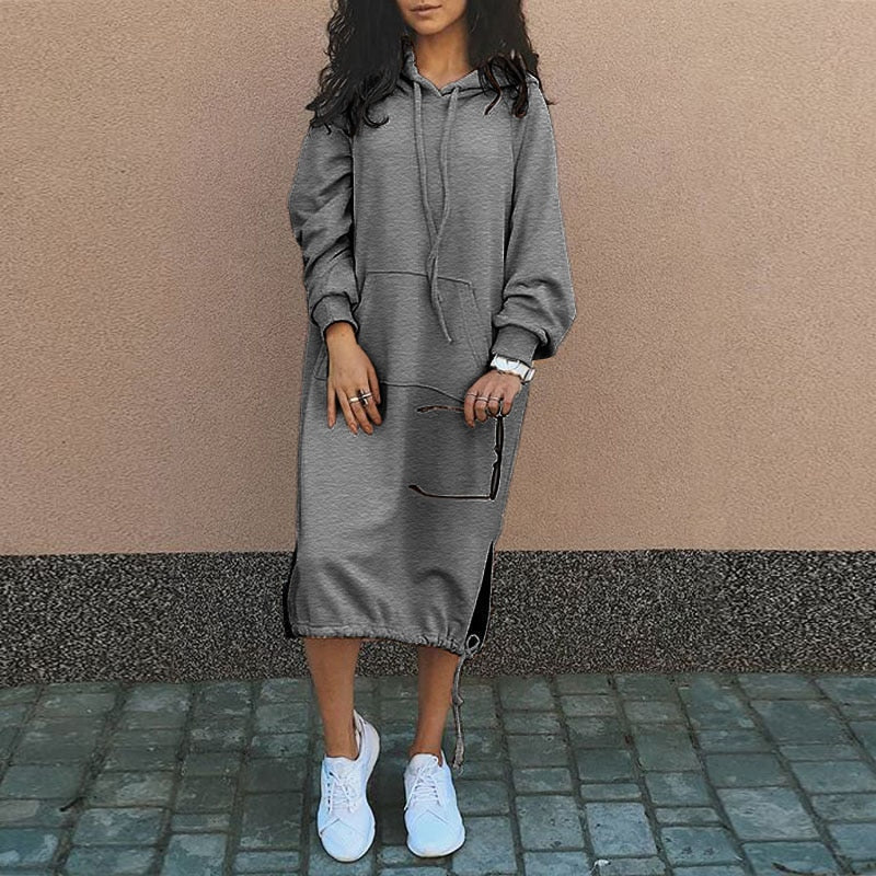 Chic women's long oversized hoodie, comfortable casual wear for versatile street style apparel.