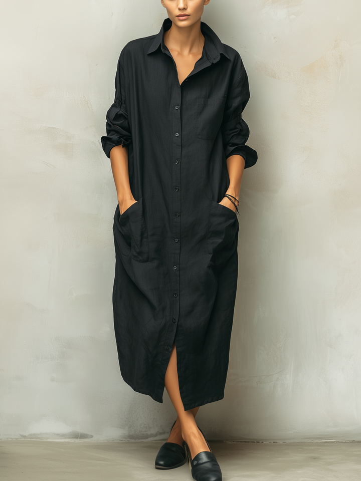 Women's long sleeve button-down midi dress in a relaxed fit, perfect for versatile casual wear.