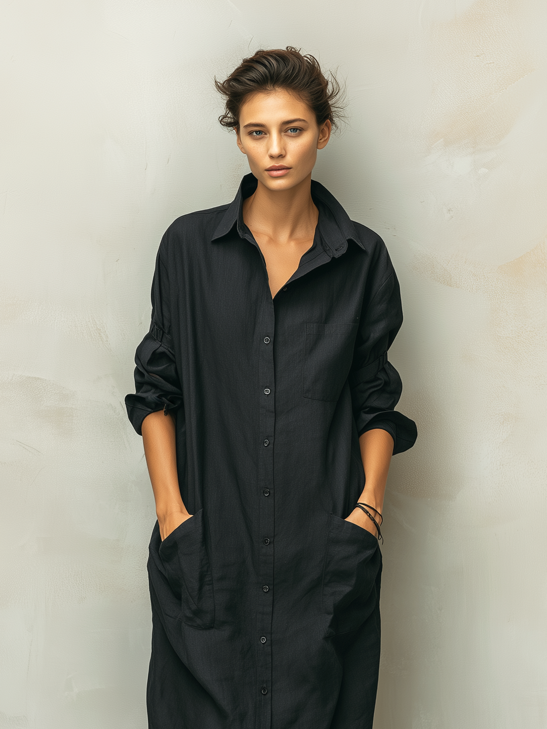 Casual women's button-down long sleeve midi dress, ideal for autumn or spring fashion with a relaxed fit.