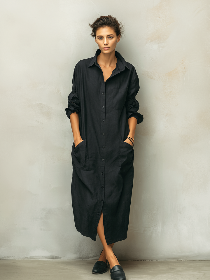 Relaxed fit women's long sleeve shirt dress, a comfortable button-down midi dress for everyday style.