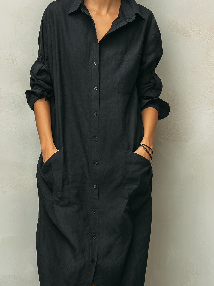 Stylish women's long sleeve button-down midi dress in a relaxed fit, a versatile shirt dress for any season.
