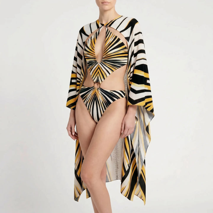Chic women's printed long-sleeve monokini, perfect for resort wear, pool parties & vacations.