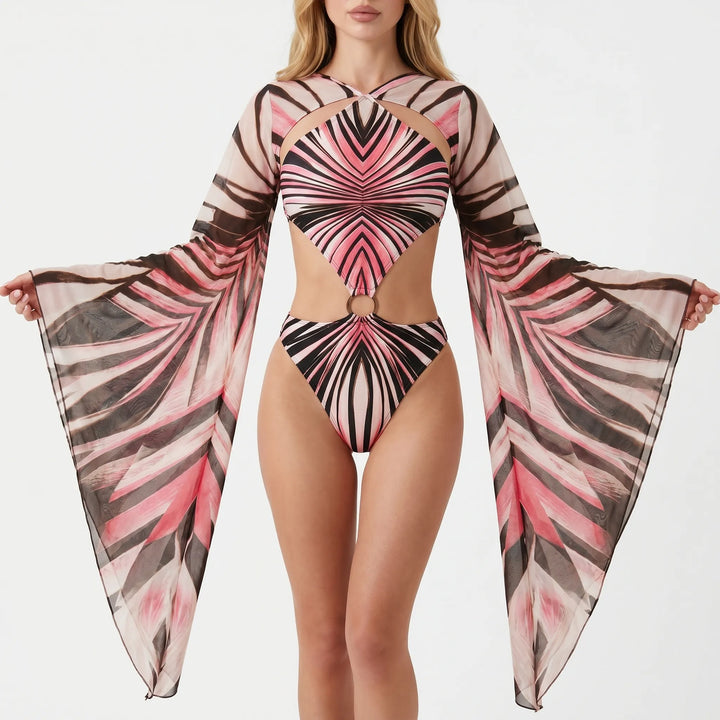 Women's long-sleeve cutout monokini swimsuit with a vibrant abstract print. Beach & pool party ready.