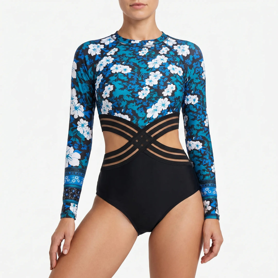 Summer-ready women's long-sleeve cutout one-piece swimsuit, perfect for beach, resort, & sun protection.