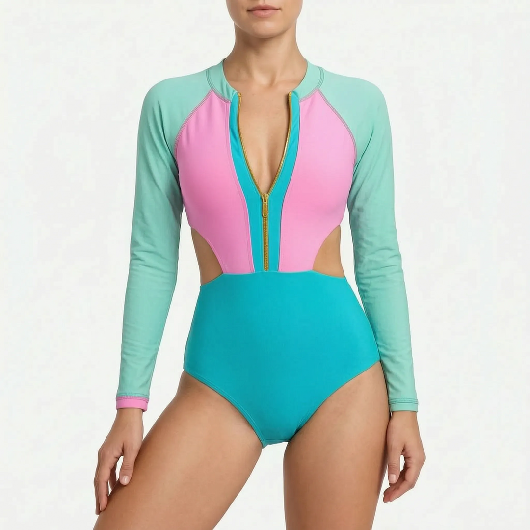 Elegant color block long-sleeve cutout one-piece swimsuit for women, featuring a secure zip-front.