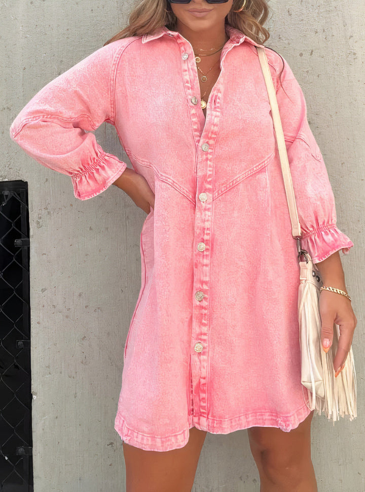 Women's trendy long sleeve denim button-up shirt dress. Midi length, perfect for a chic urban look.